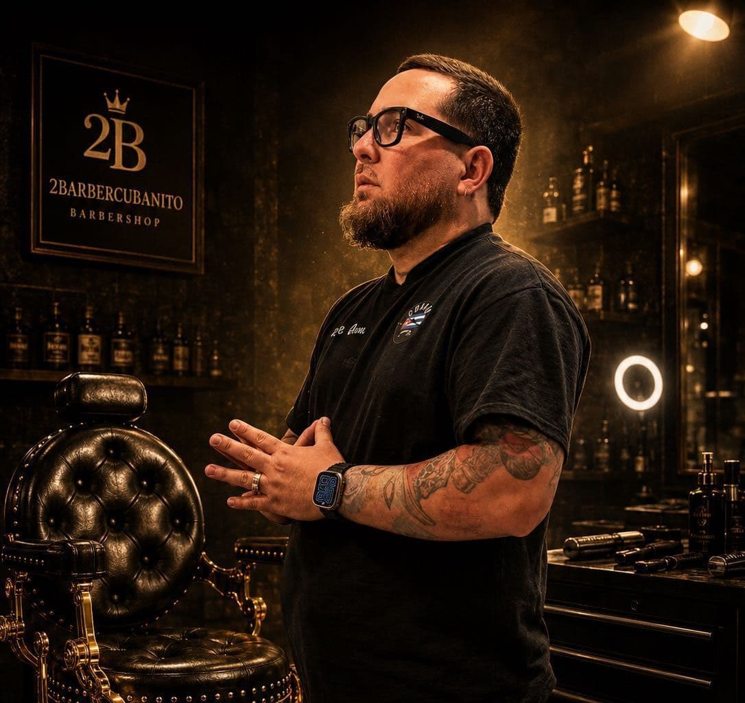Adriano Montero, owner and master barber, standing in his shop at Tu Barber Cubanito in Brighton, Colorado